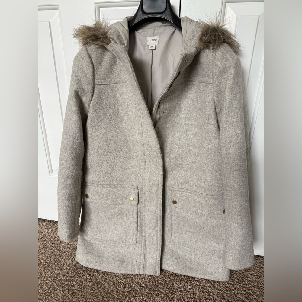 J. Crew Light Gray Wool-Blend Trench Coat with Faux-Fur Hood - Picture 3 of 5